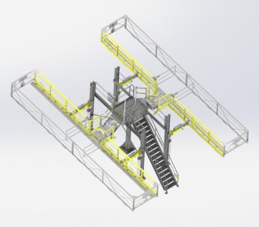 Monte et Baisse toegangsbordes met platform en trap, topbelading tanks, Pacquet